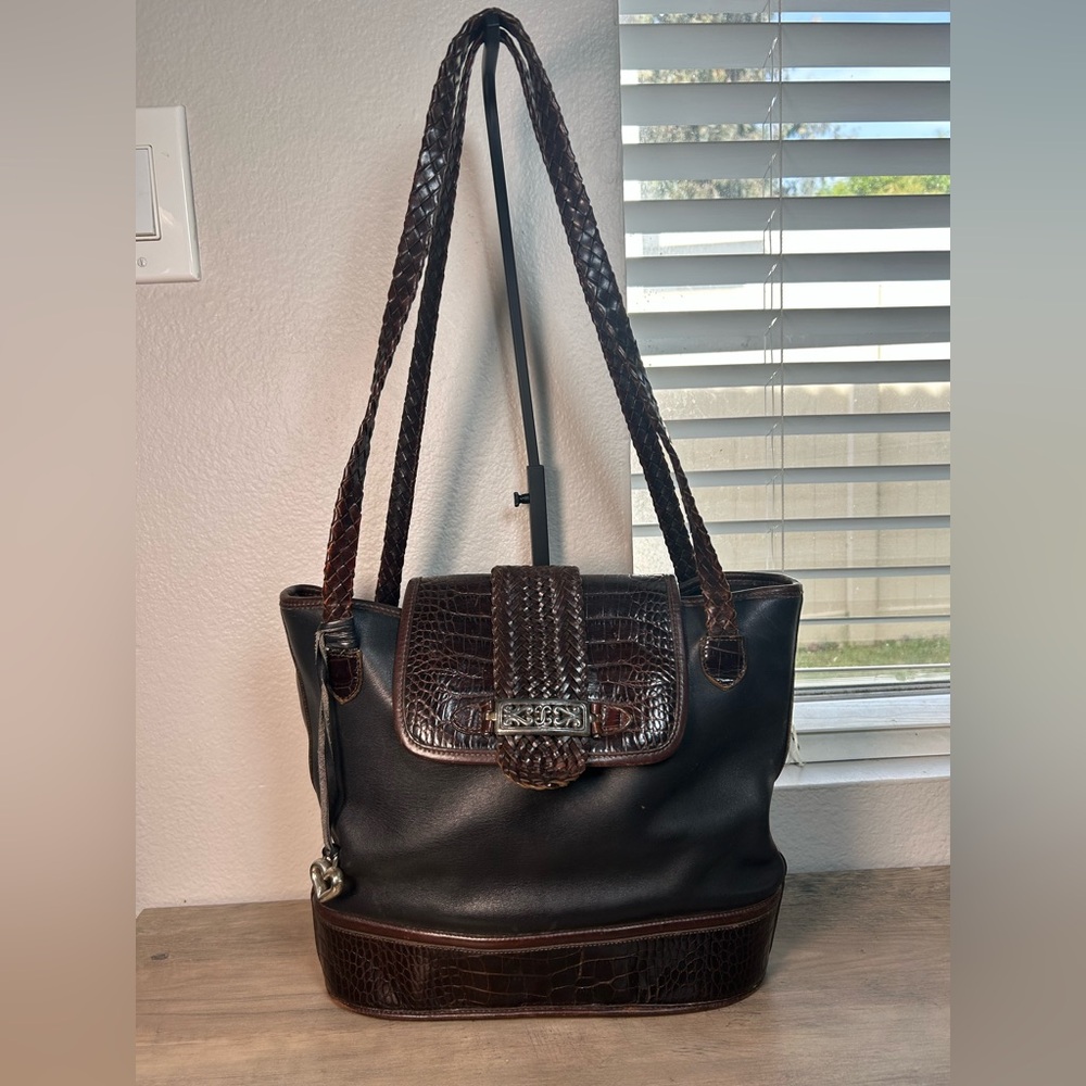 Large Vintage Brighton Black Brown Leather Double Braided Shoulder Bag Tote